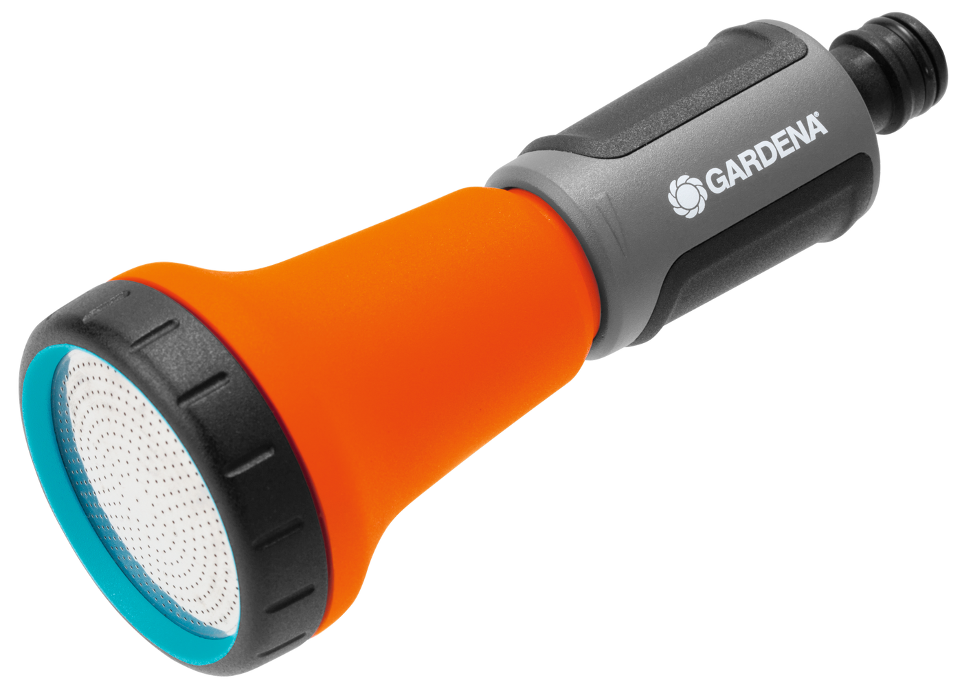 Front view of a Gardena garden hose nozzle with ergonomic design.