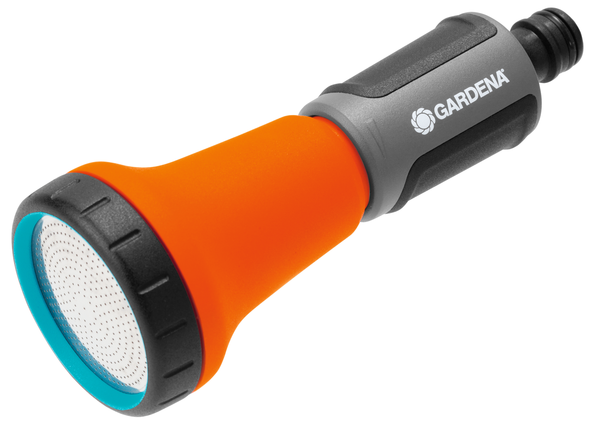 Front view of a Gardena garden hose nozzle with ergonomic design.