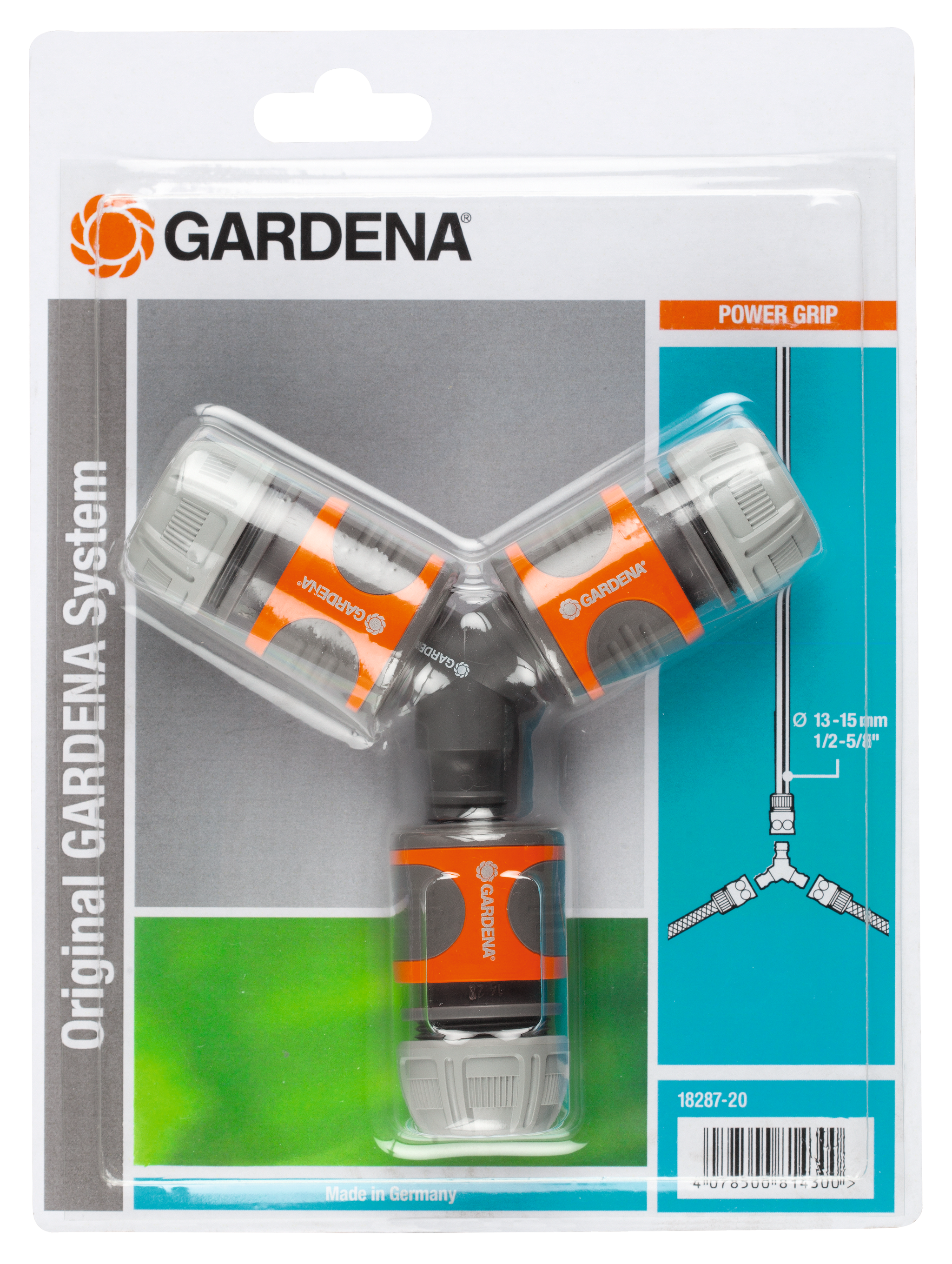 Gardena hose connector set with Power Grip technology in packaging.