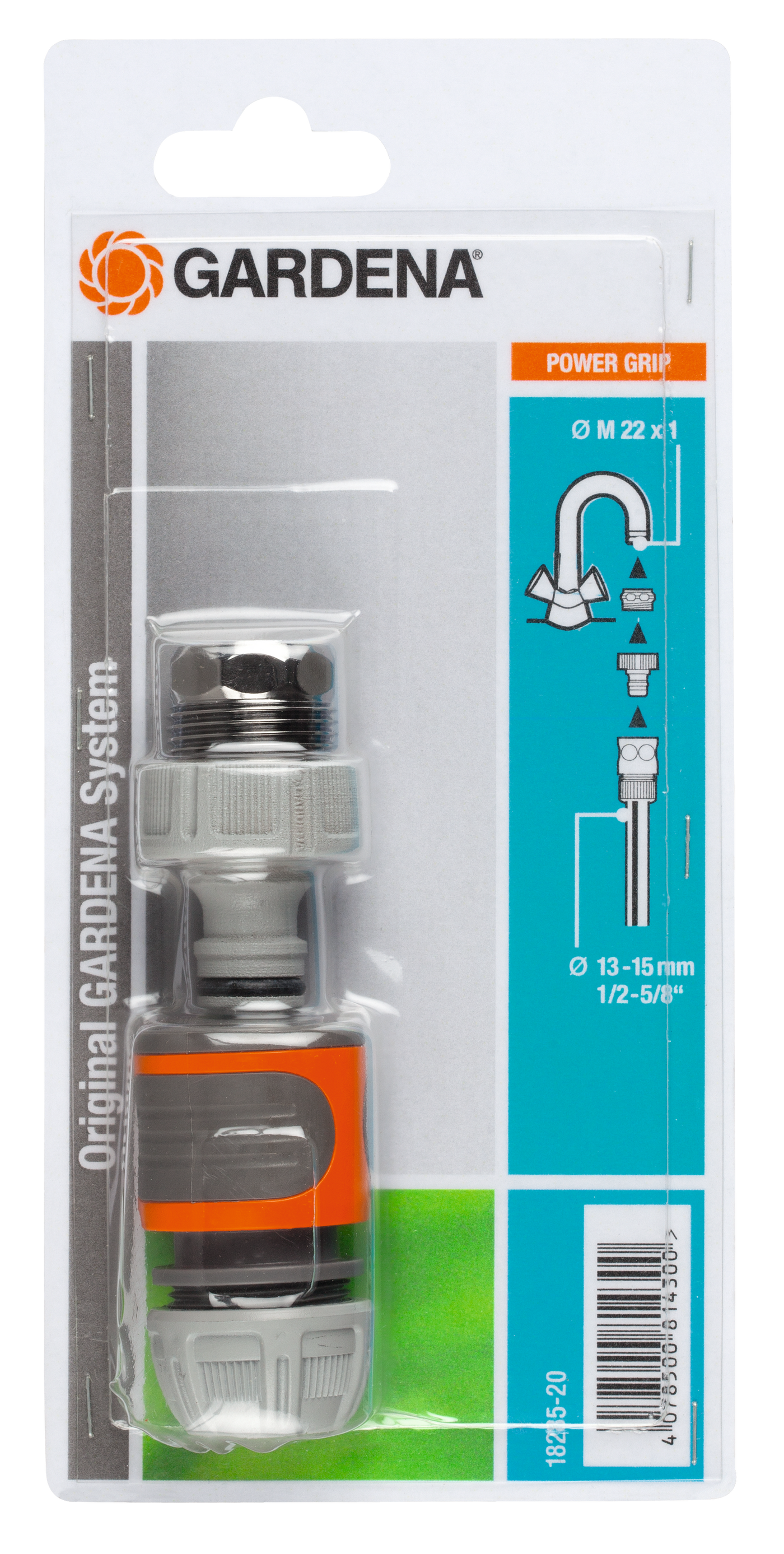 Gardena hose connector in its packaging with Power Grip feature highlighted.