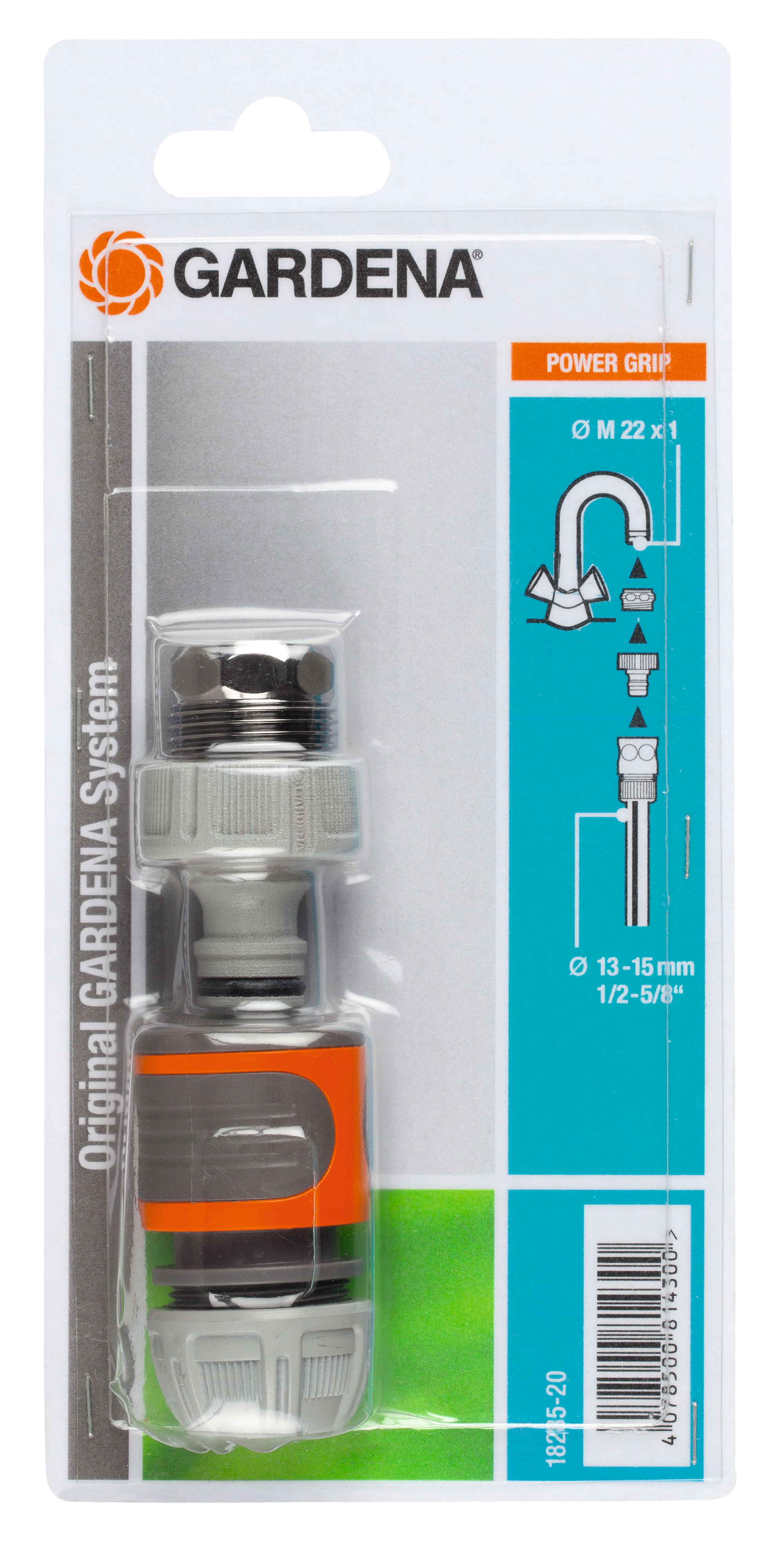 Gardena hose connector in its packaging with Power Grip feature highlighted.