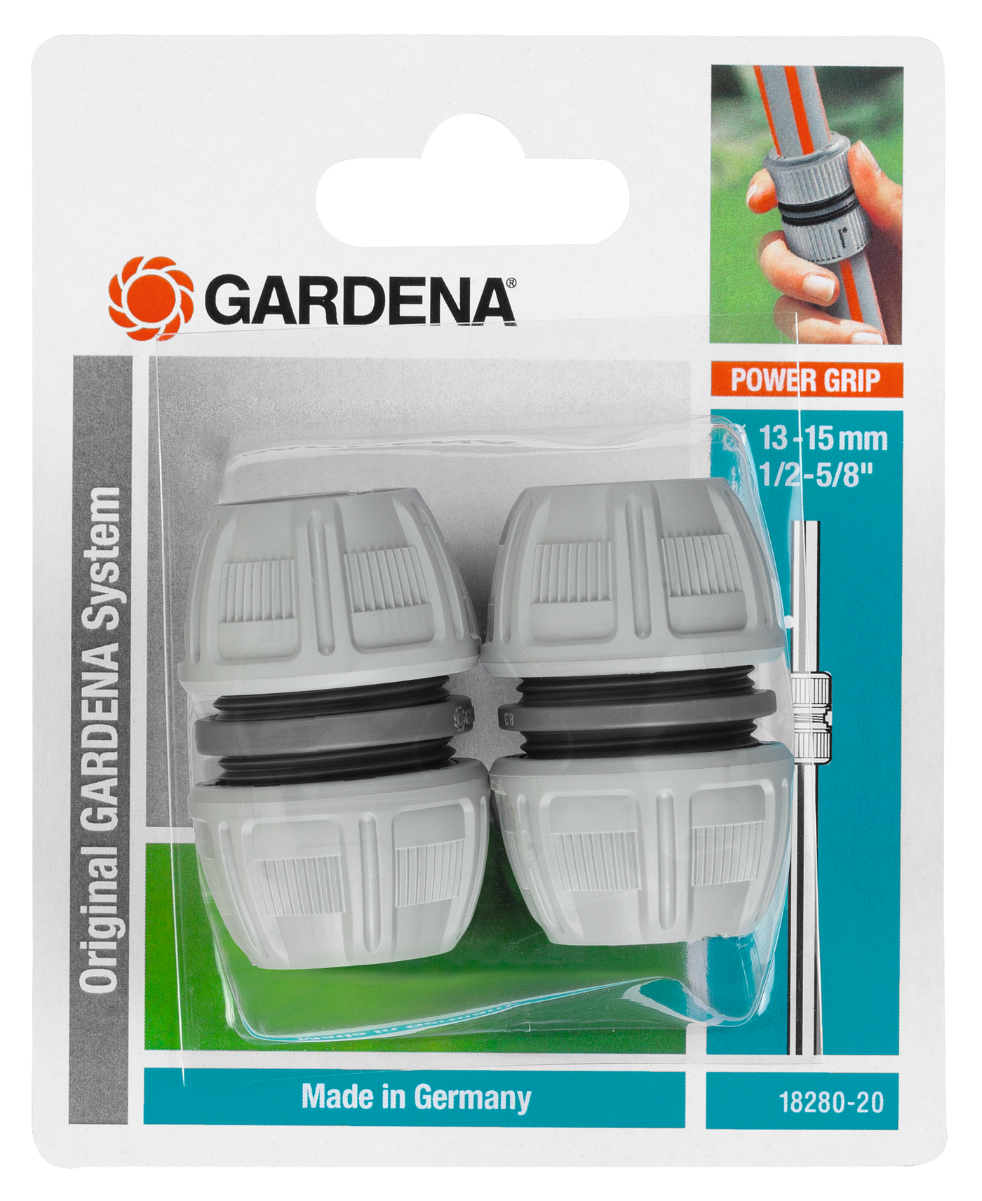 Front view of Gardena hose connectors in packaging, showcasing the Power Grip feature.