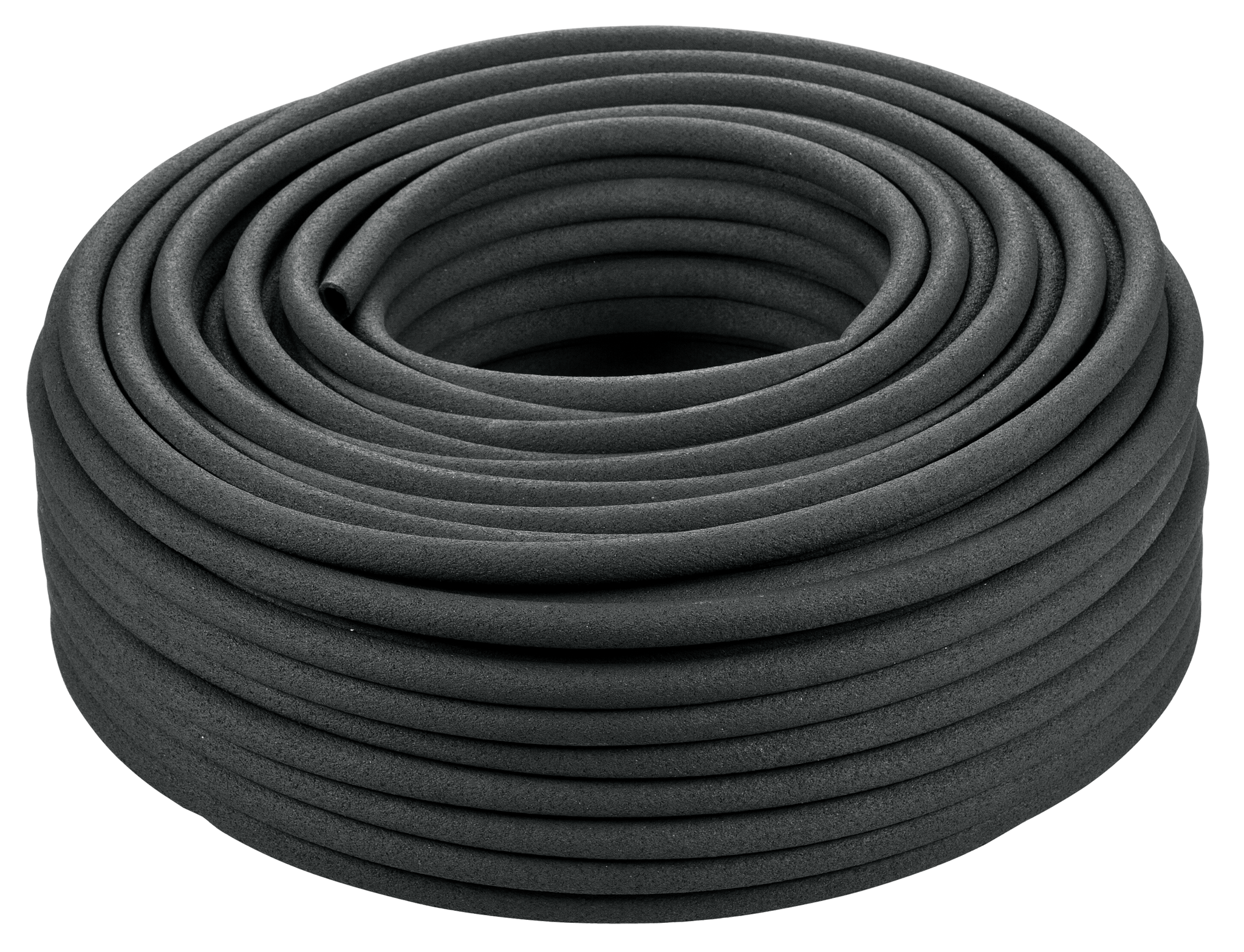Coiled garden hose for irrigation or watering purposes.