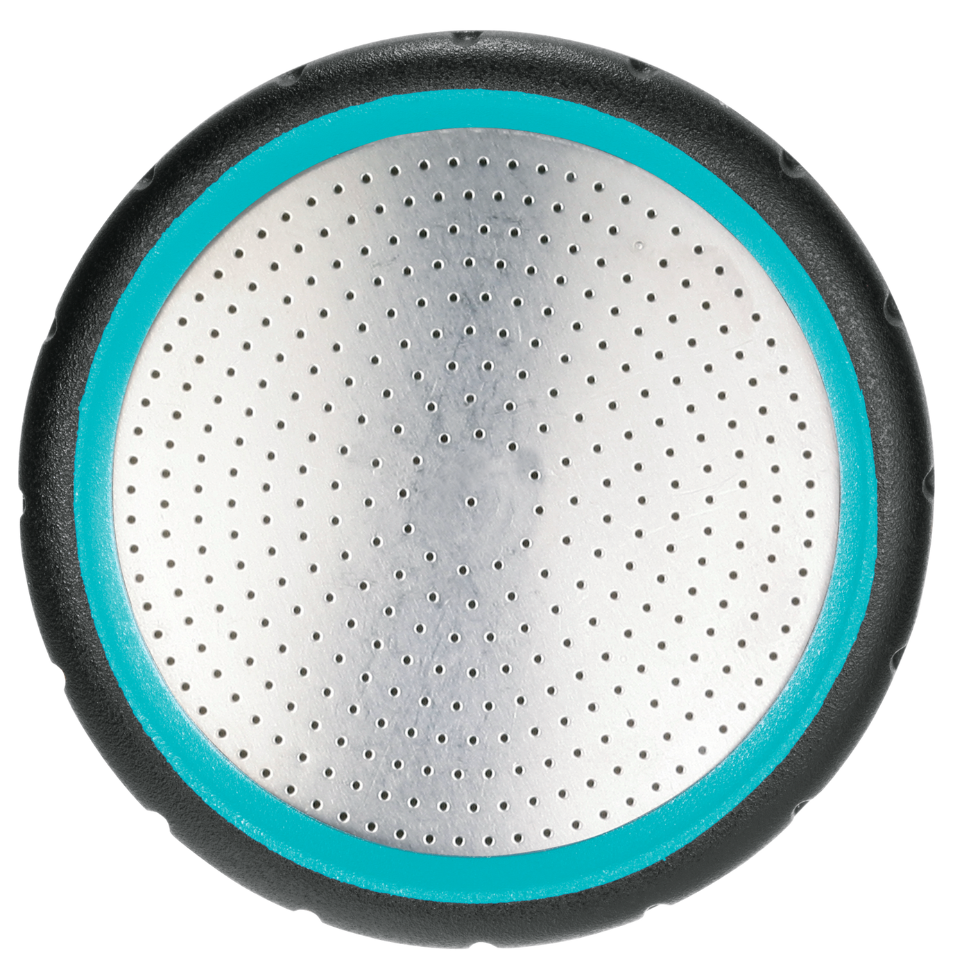 Top view of a Gardena garden shower spray head with perforated metal surface.