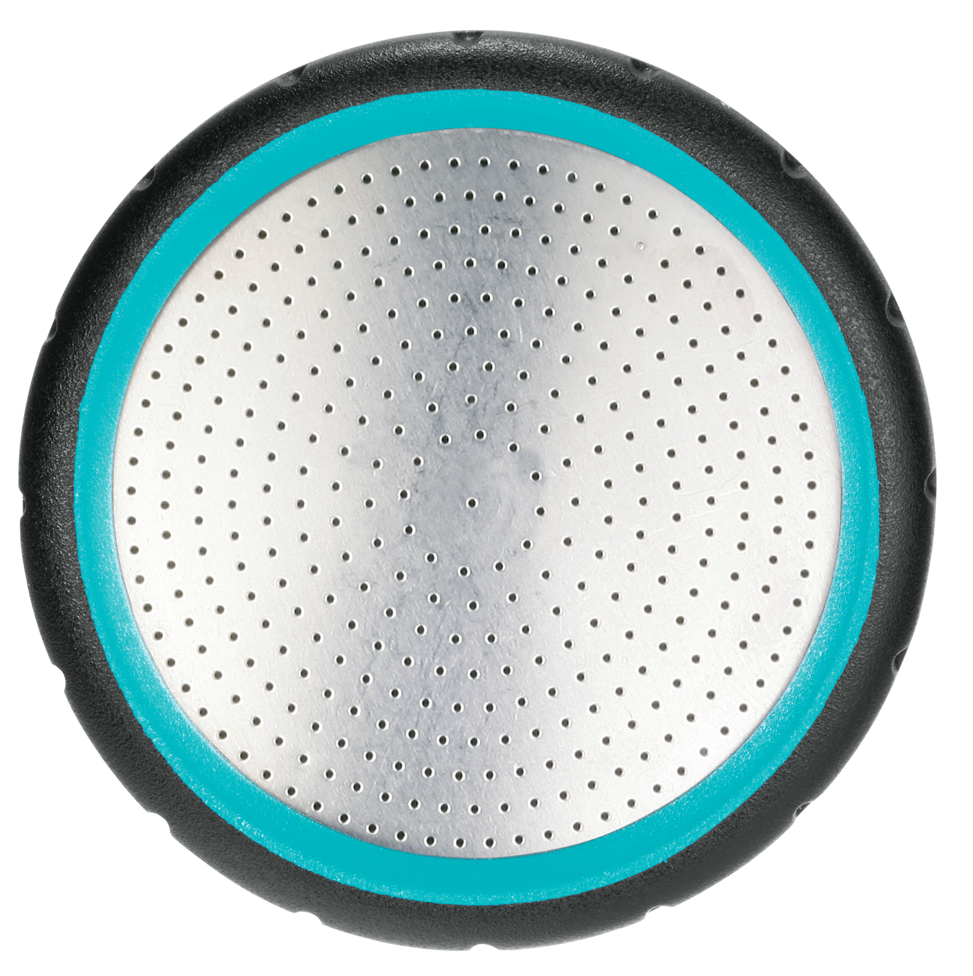 Top view of a Gardena garden shower spray head with perforated metal surface.