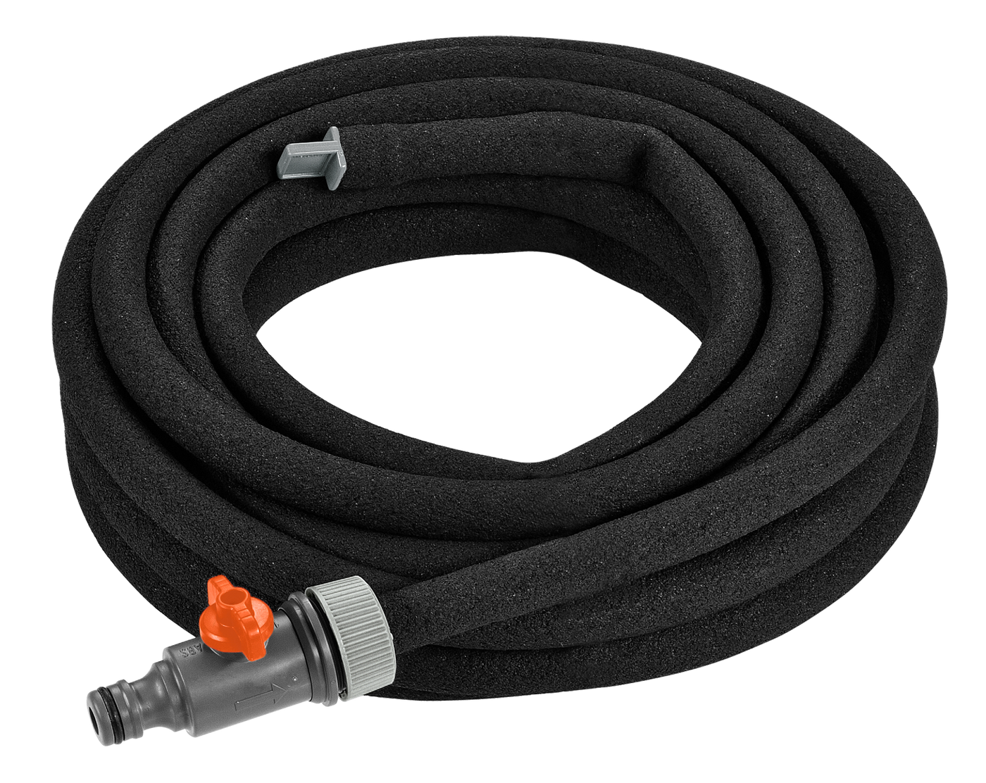 Coiled garden hose with connectors, suitable for irrigation.