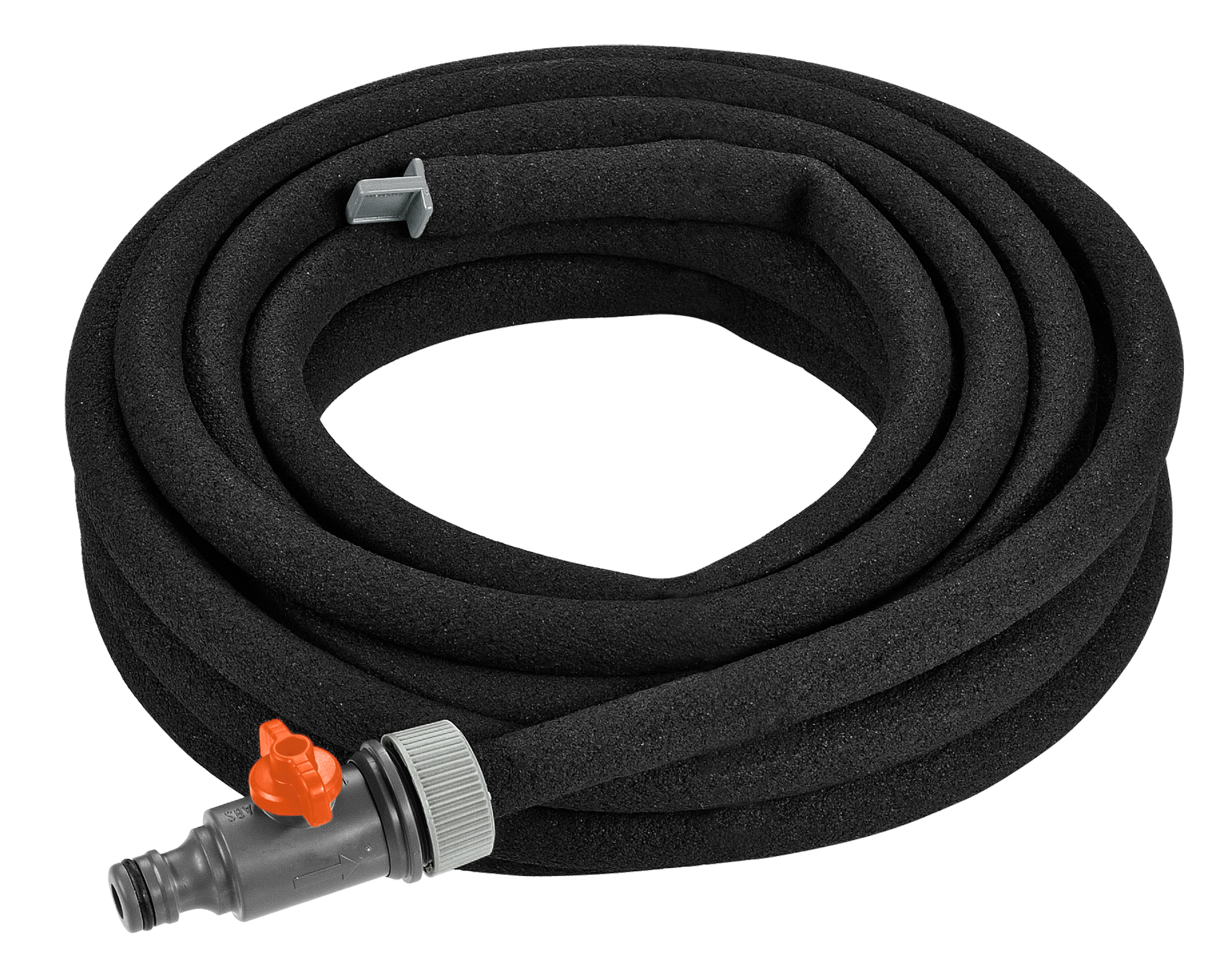 Coiled garden hose with connectors, suitable for irrigation.