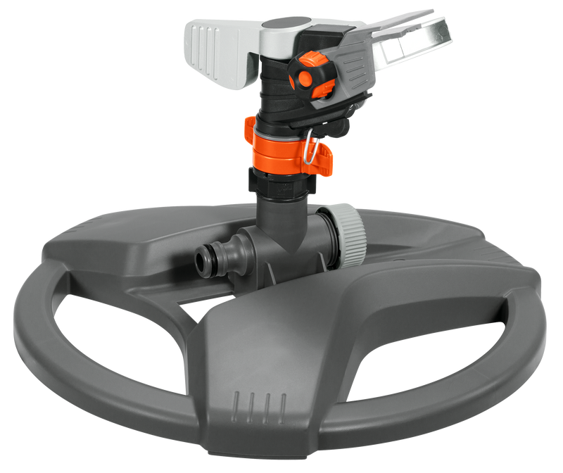 Front view of a garden sprinkler with adjustable nozzle and circular base., Sproeier bij Vijvercentrum