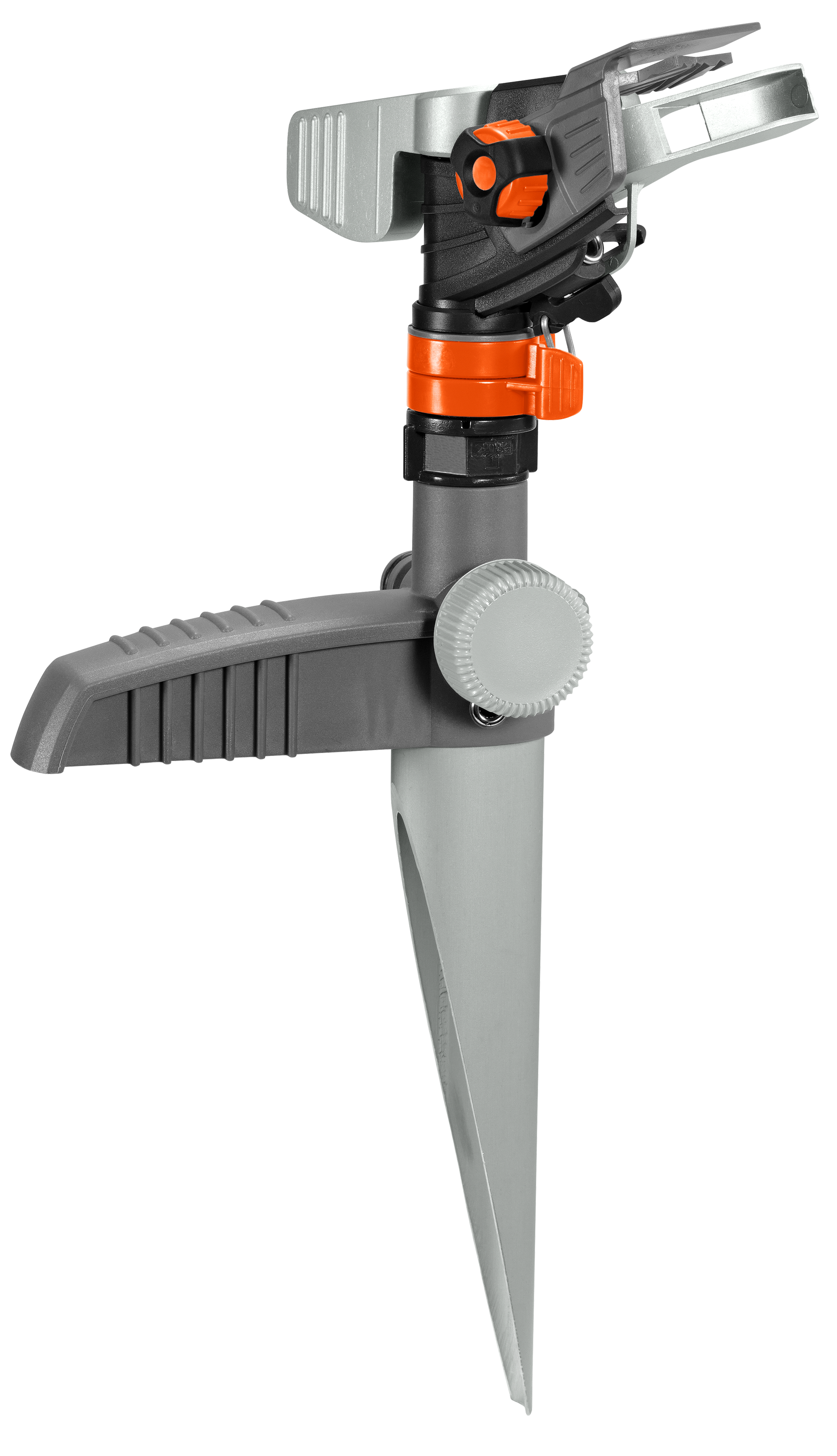 Side view of a garden sprinkler with adjustable settings.