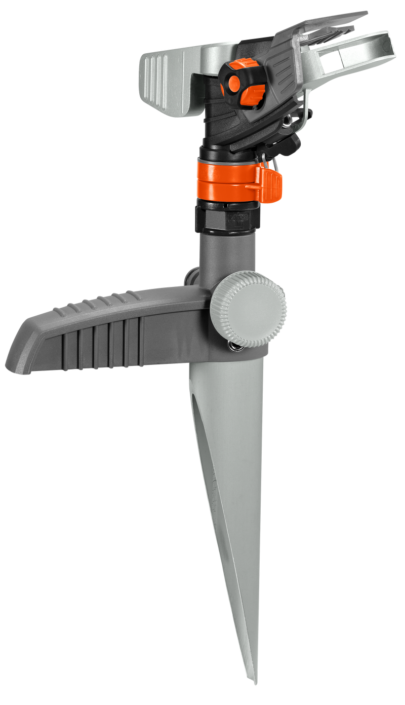 Side view of a garden sprinkler with adjustable settings., Tuinbewatering bij Vijvercentrum