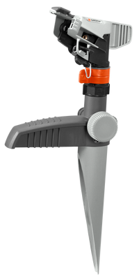 Side view of a Gardena garden sprinkler with a spike for ground insertion., miniatuur 2