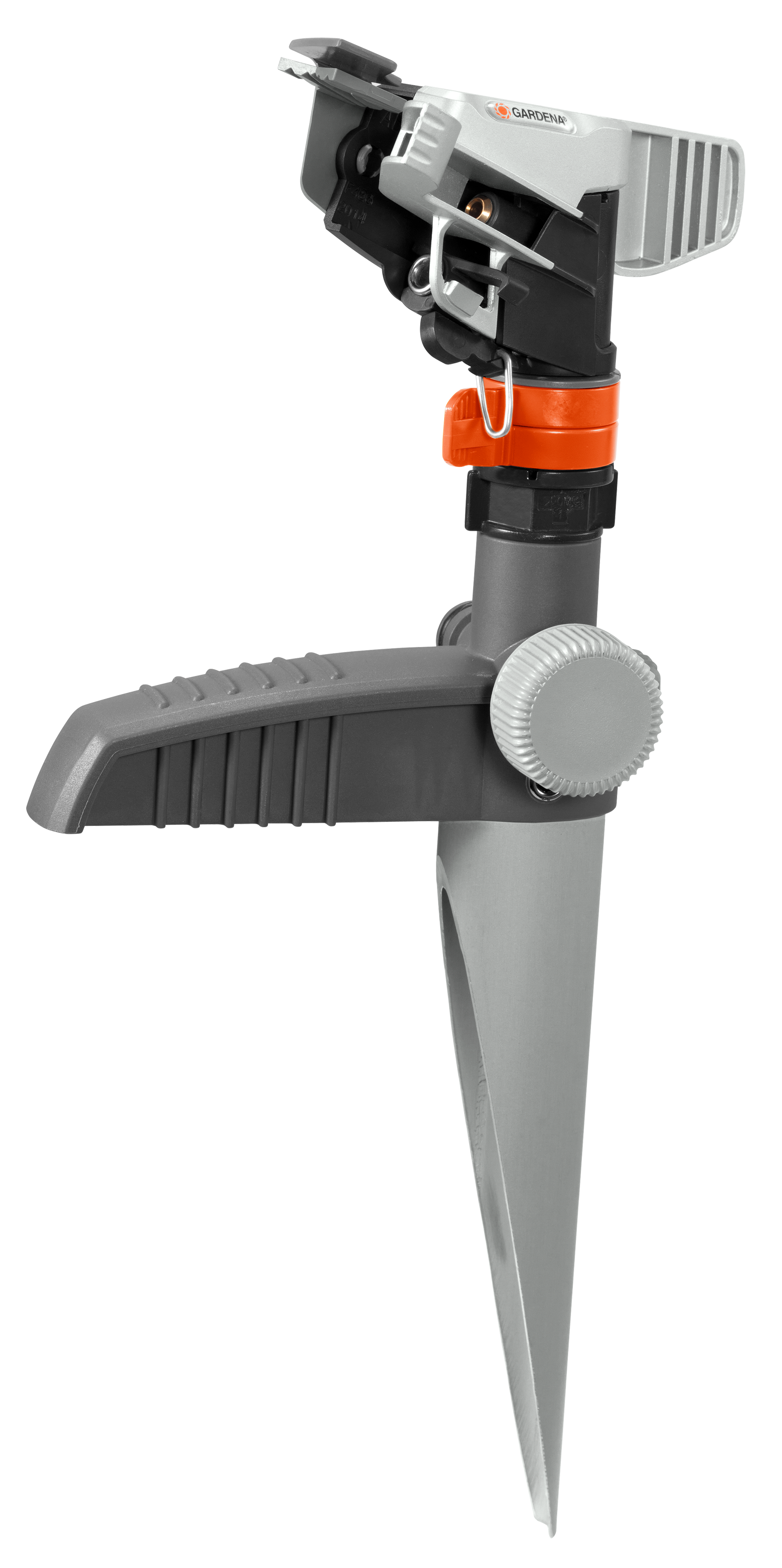 Side view of a Gardena garden sprinkler with a spike for ground insertion.
