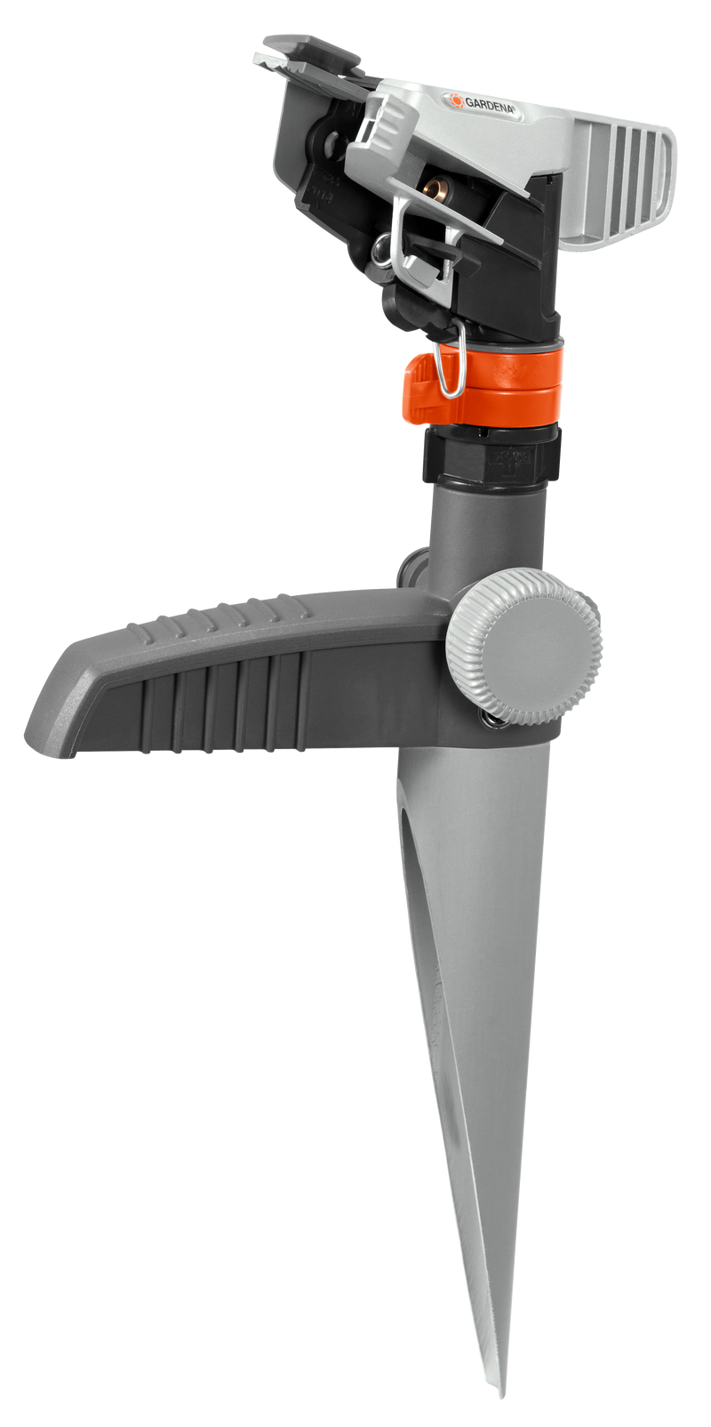Side view of a Gardena garden sprinkler with a spike for ground insertion., detailaanzicht Tuinbewatering