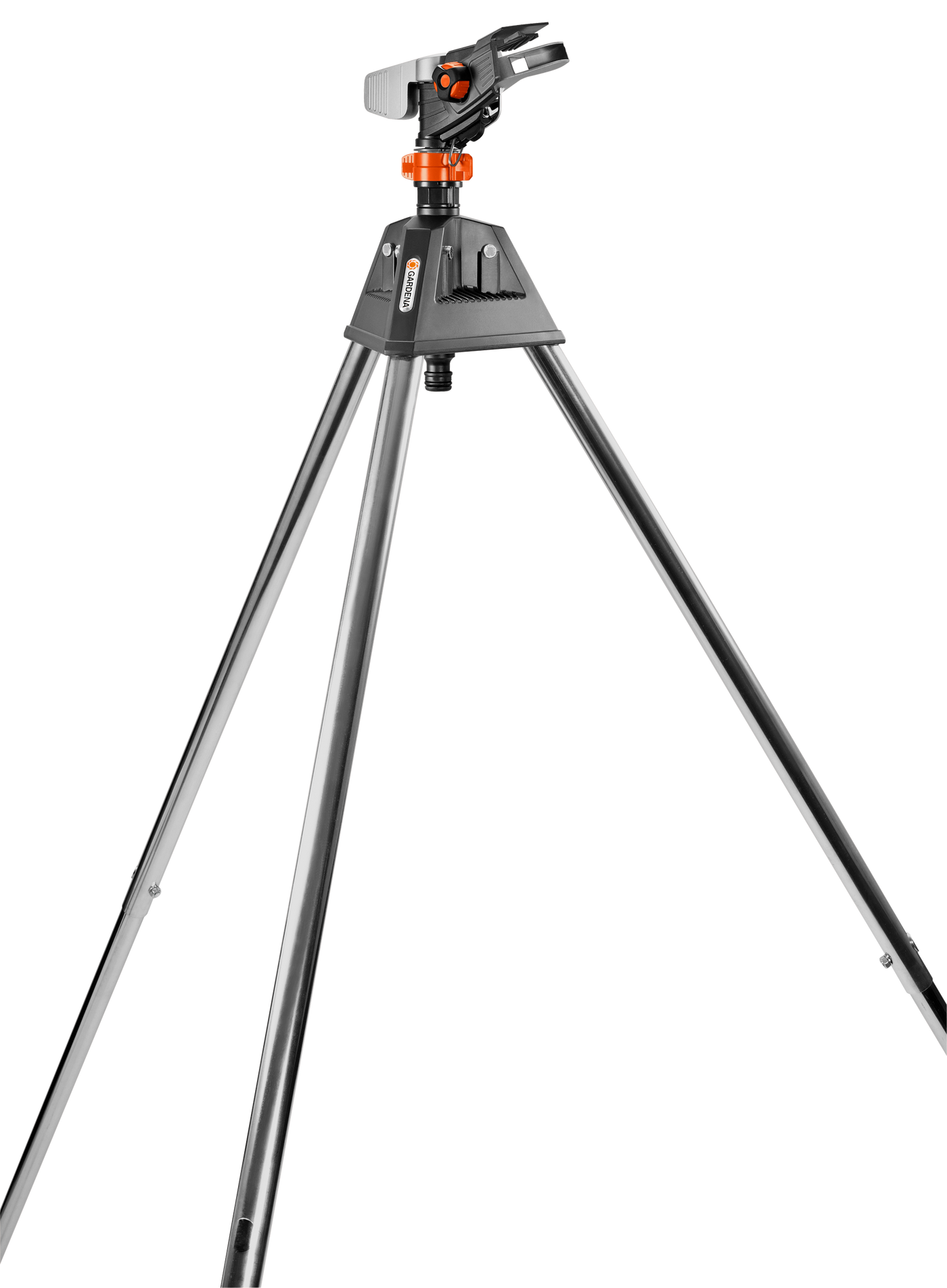 Front view of a Gardena tripod sprinkler stand.