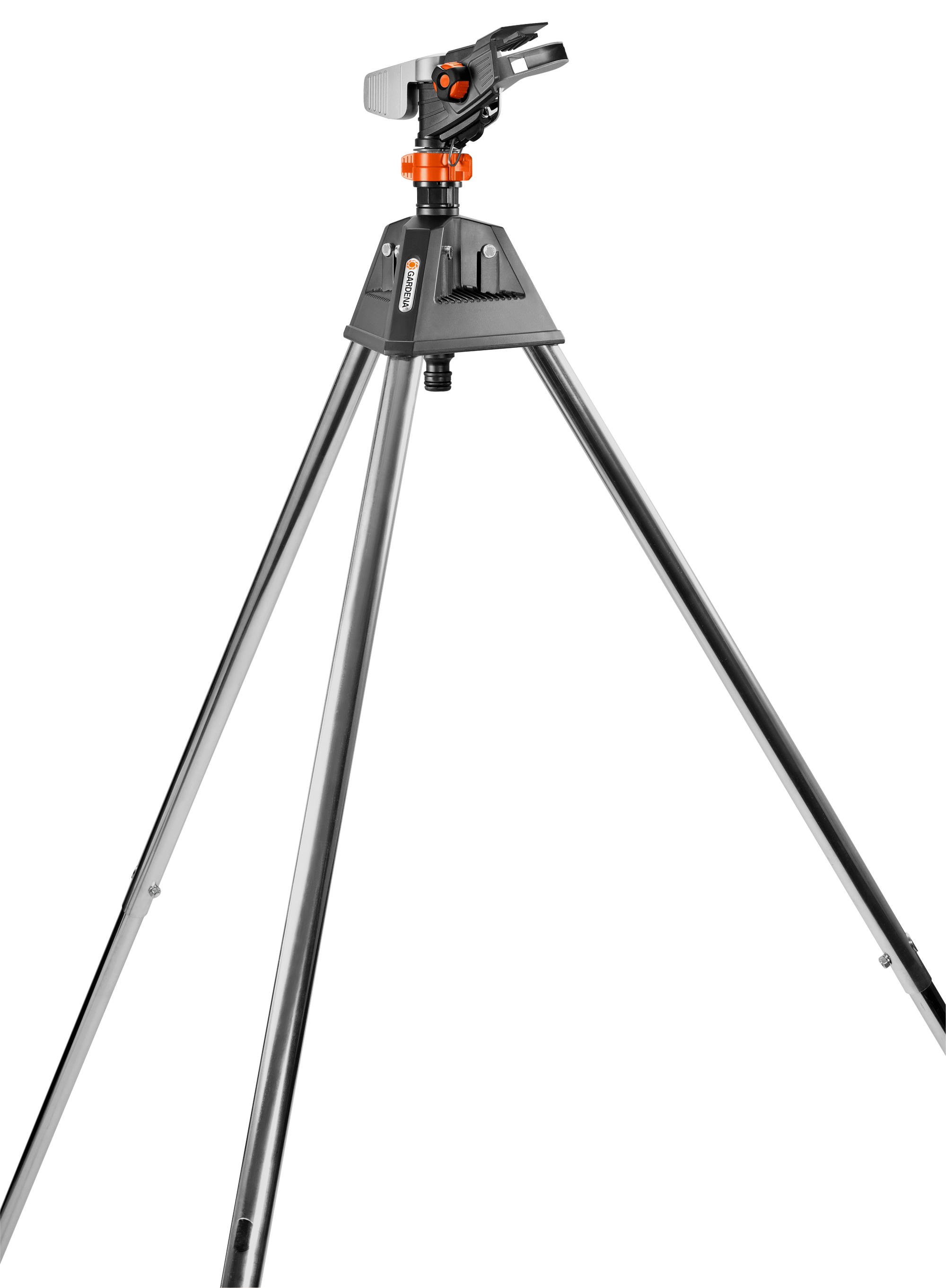 Front view of a Gardena tripod sprinkler stand.