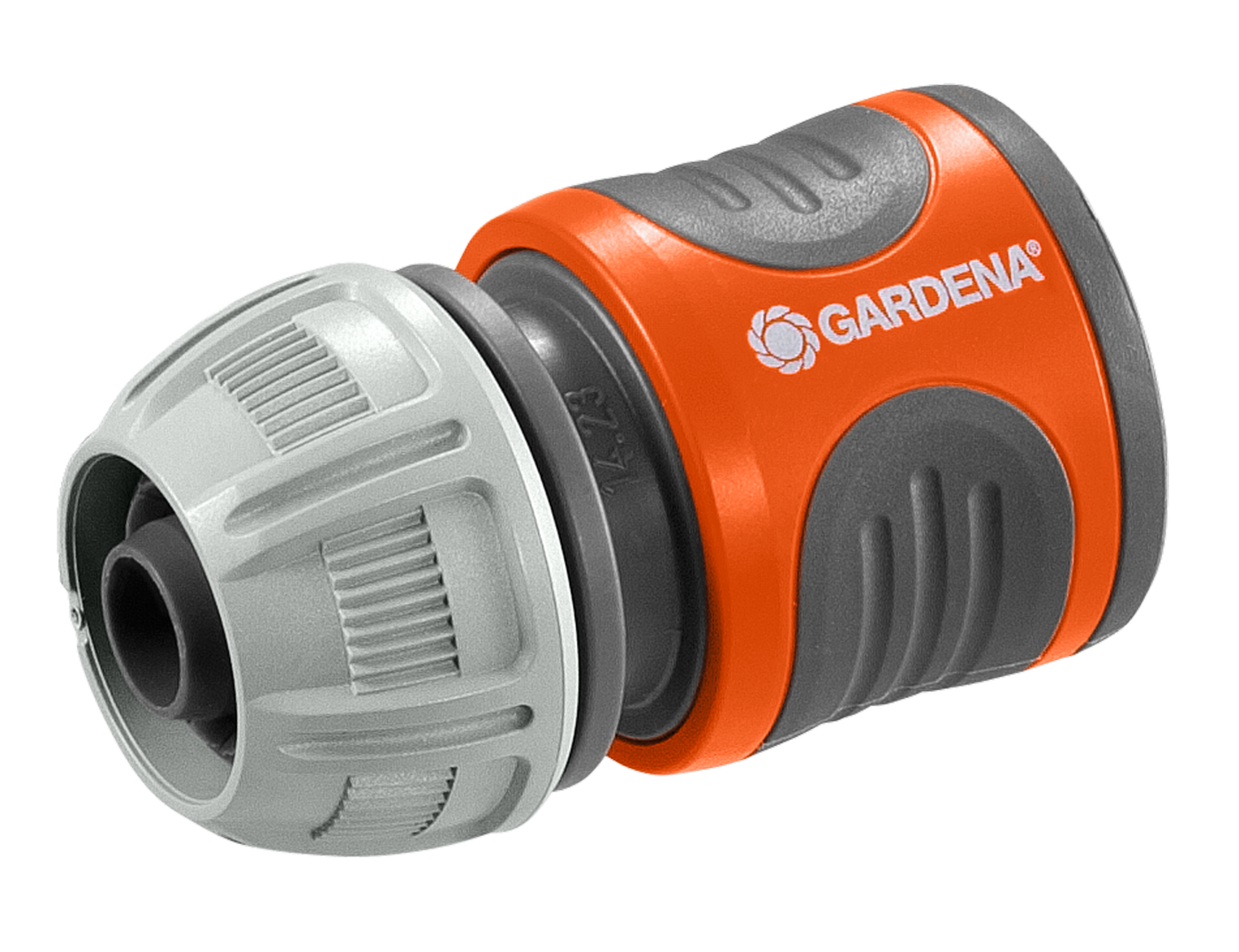 Front view of a Gardena hose connector with ergonomic grip design.