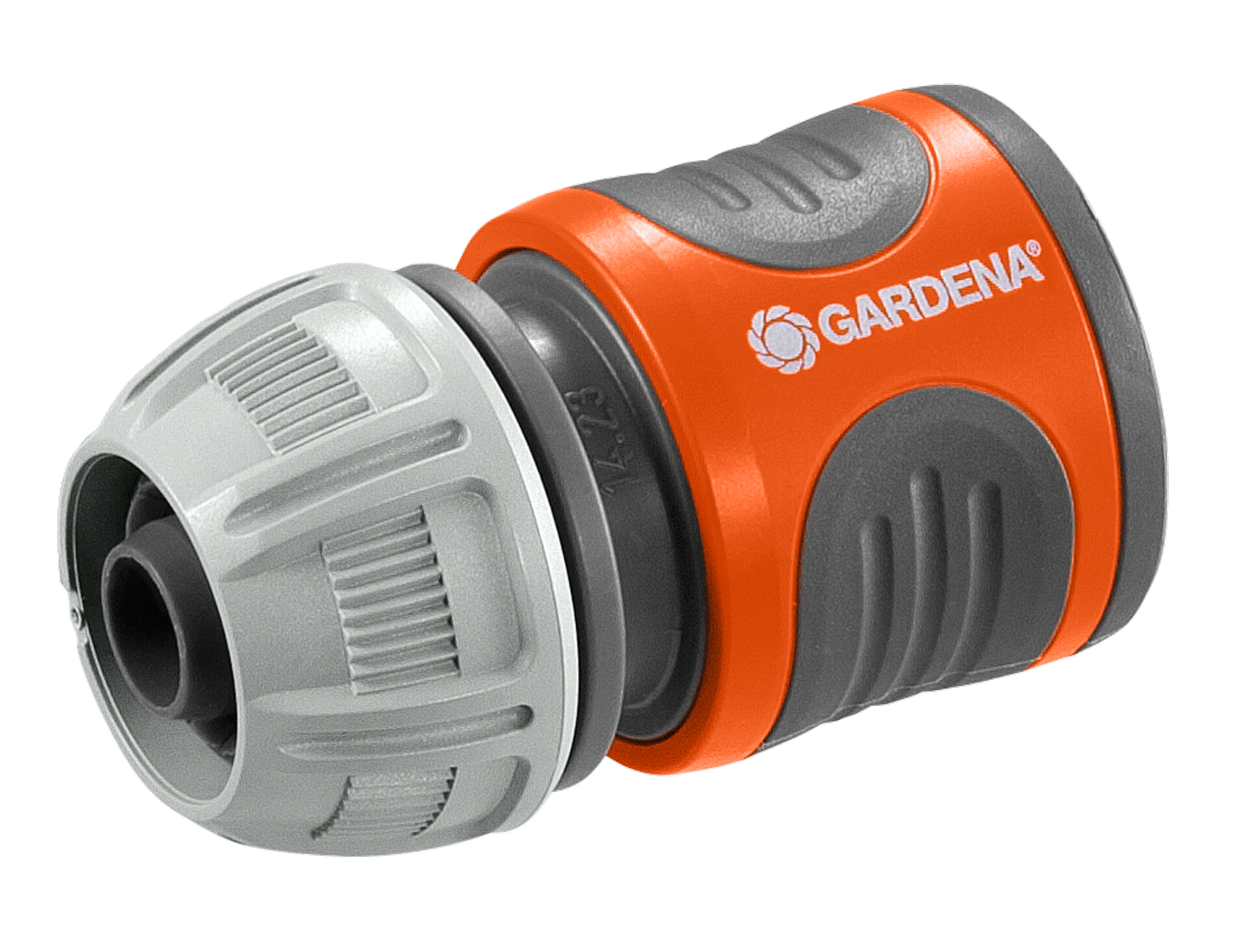 Front view of a Gardena hose connector with ergonomic grip design.