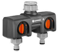 Front view of a Gardena water distributor with two adjustable outlets., miniatuur 1