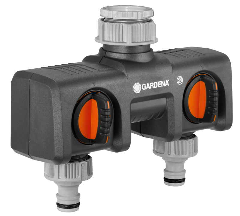 Front view of a Gardena water distributor with two adjustable outlets., PVC Hulpstuk bij Vijvercentrum