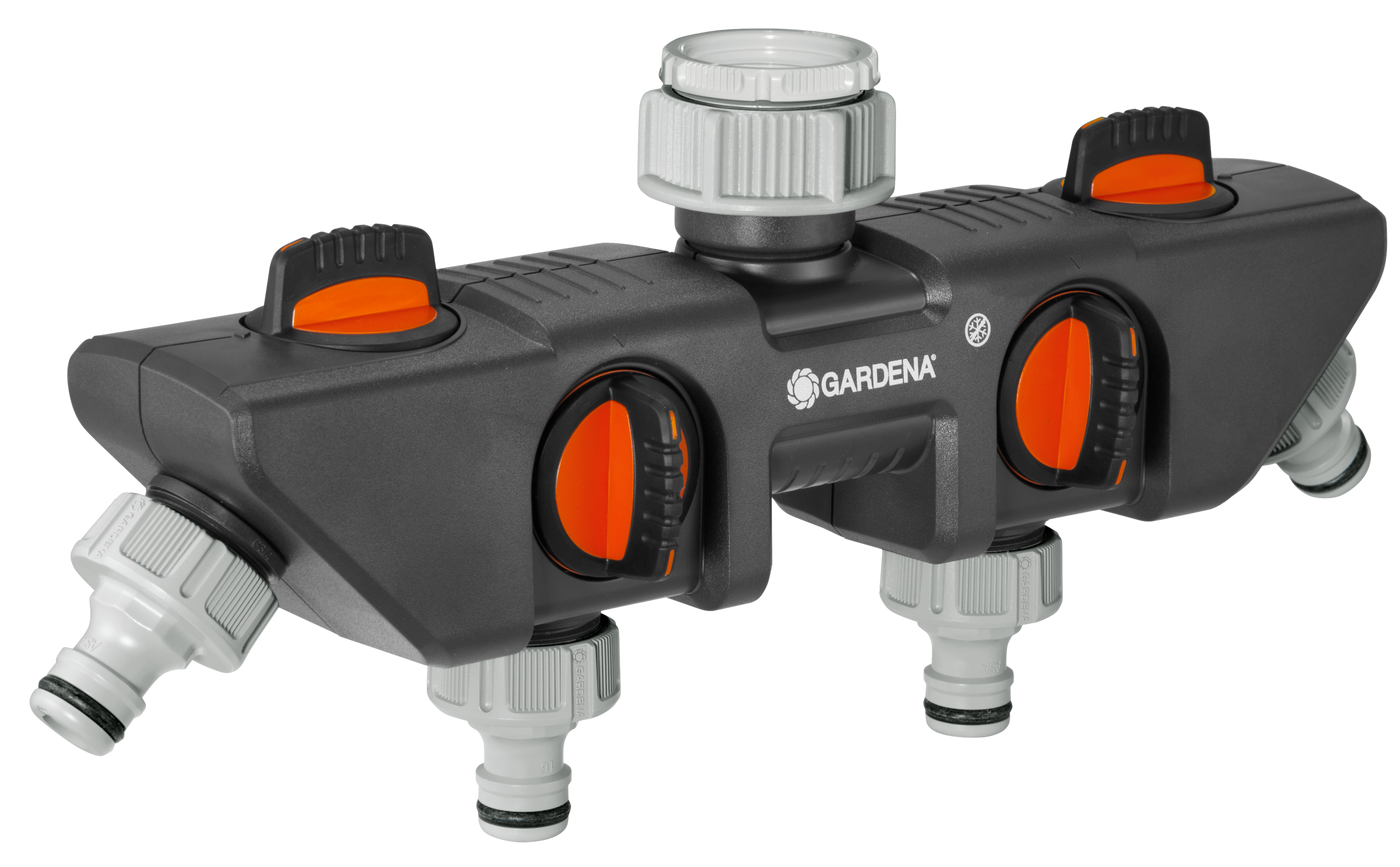 Front view of a Gardena water distributor with multiple hose connectors.