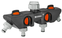 Front view of a Gardena water distributor with multiple hose connectors., miniatuur 1