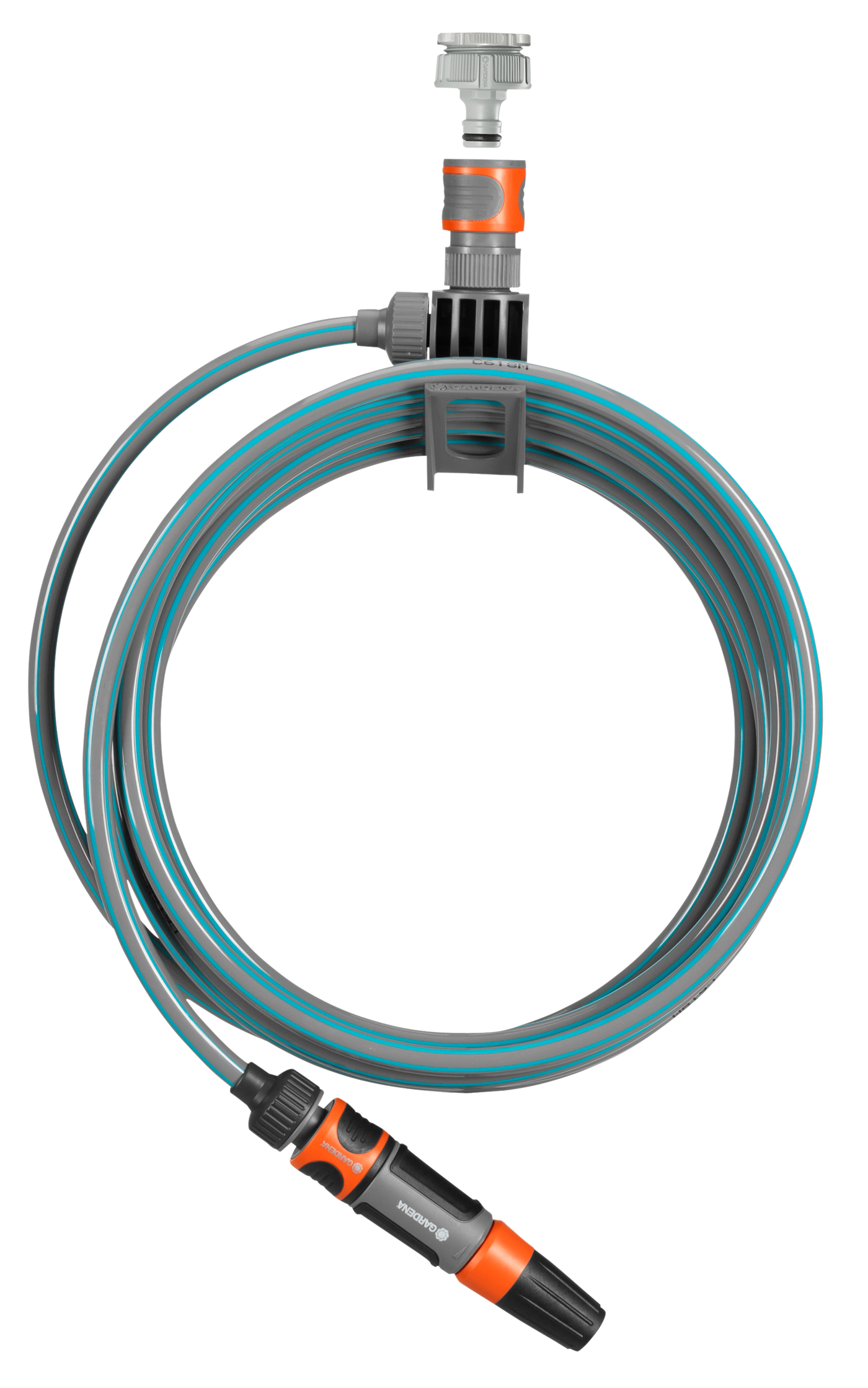 Front view of a Gardena garden hose with adjustable nozzle and connector.