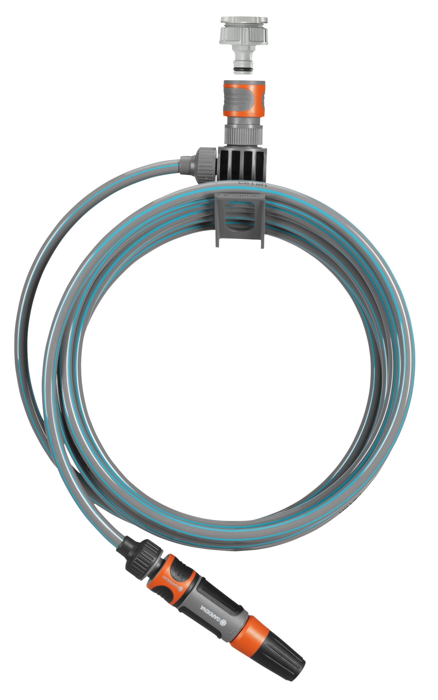 Front view of a Gardena garden hose with adjustable nozzle and connector.