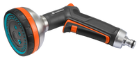 Side view of a Gardena garden hose nozzle with multiple spray settings., miniatuur 1