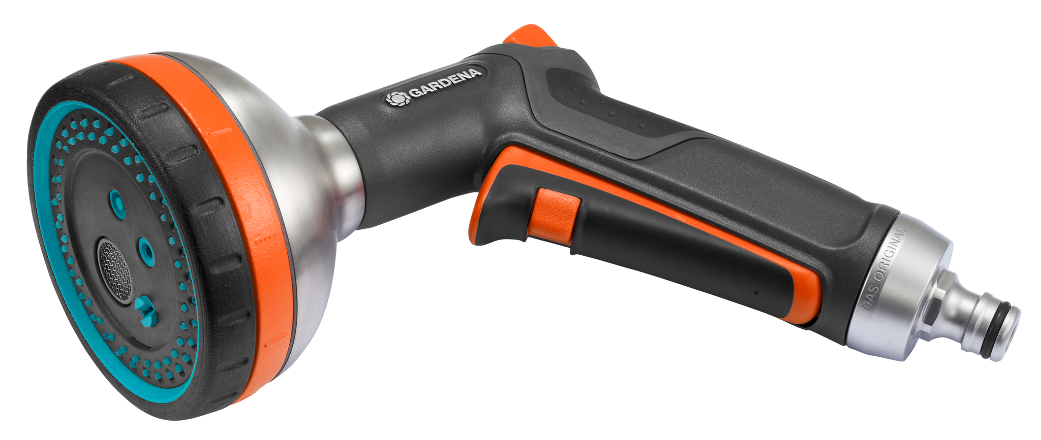 Side view of a Gardena garden hose nozzle with multiple spray settings.