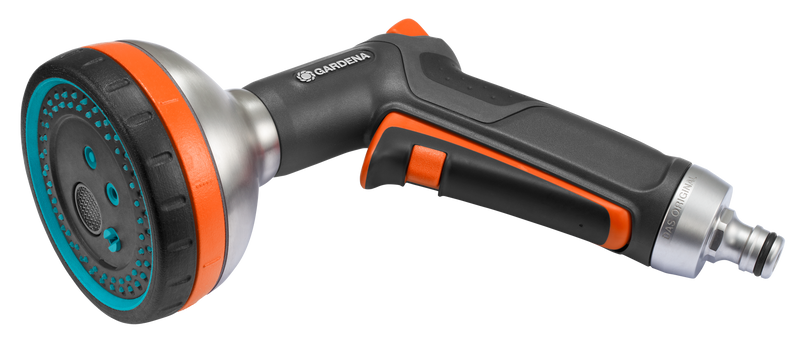 Side view of a Gardena garden hose nozzle with multiple spray settings., Filtermedium bij Vijvercentrum