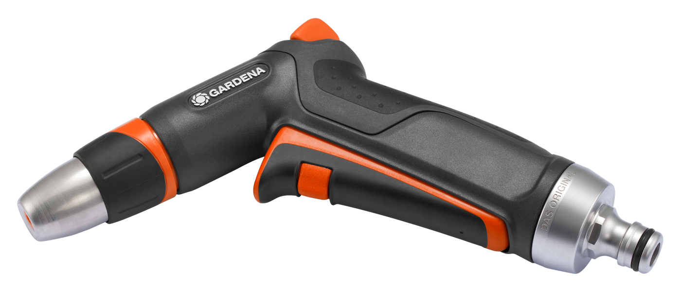 Side view of a Gardena garden hose nozzle with ergonomic design.