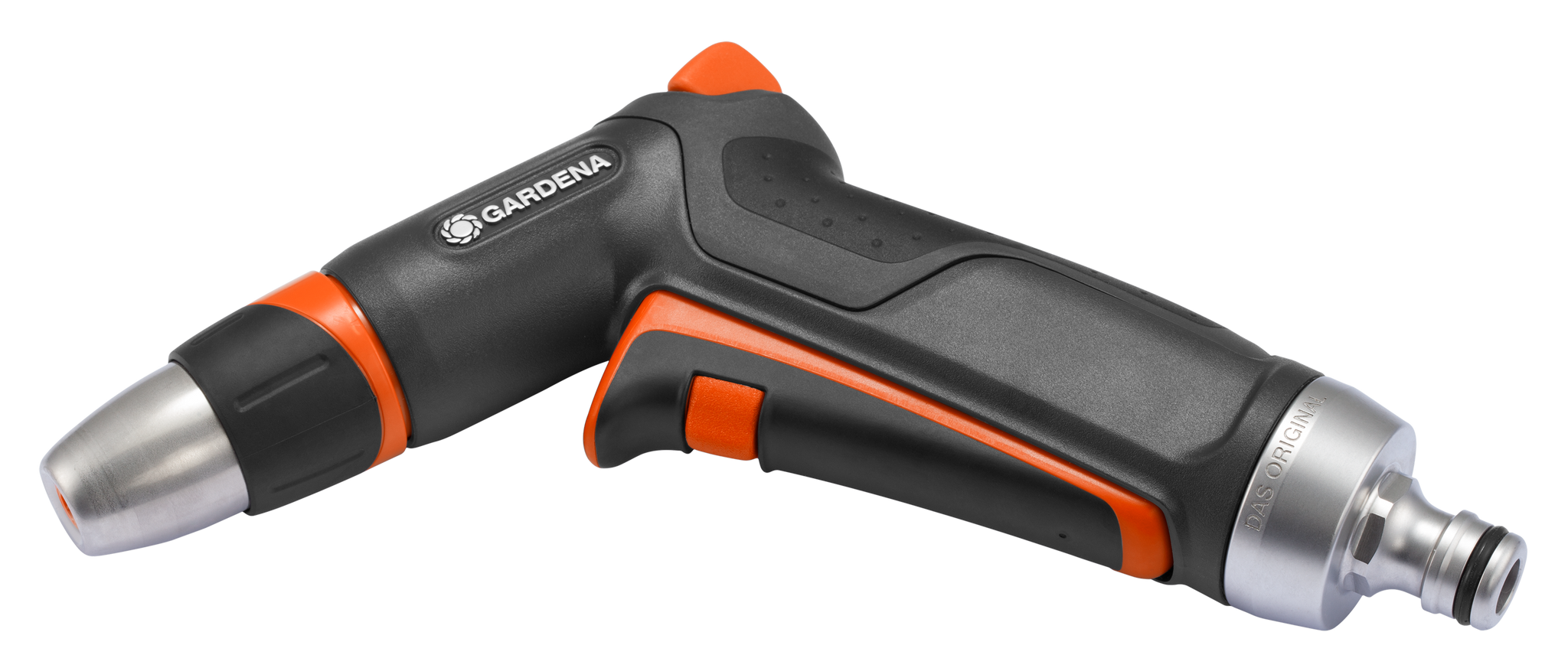 Side view of a Gardena garden hose nozzle with ergonomic design.