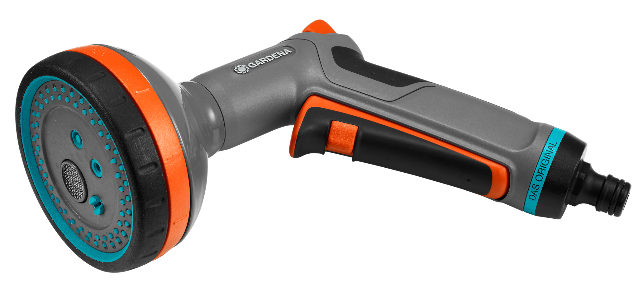 Side view of a Gardena garden hose nozzle with ergonomic grip.