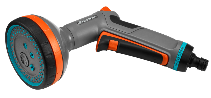Side view of a Gardena garden hose nozzle with ergonomic grip., Filtermedium bij Vijvercentrum