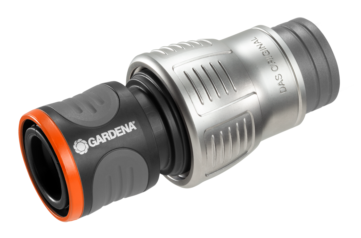 Front view of a Gardena hose connector with ergonomic design.