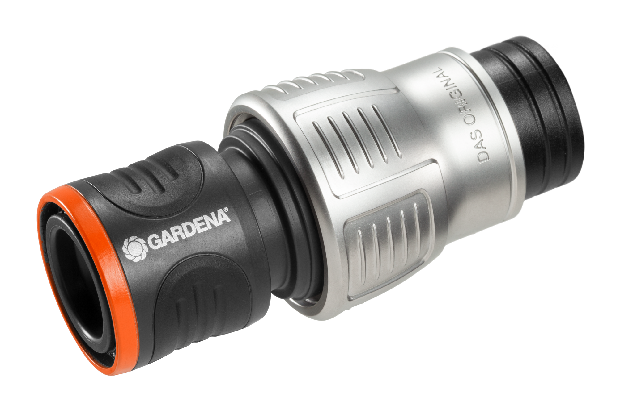 Front view of a Gardena hose connector with ergonomic design.