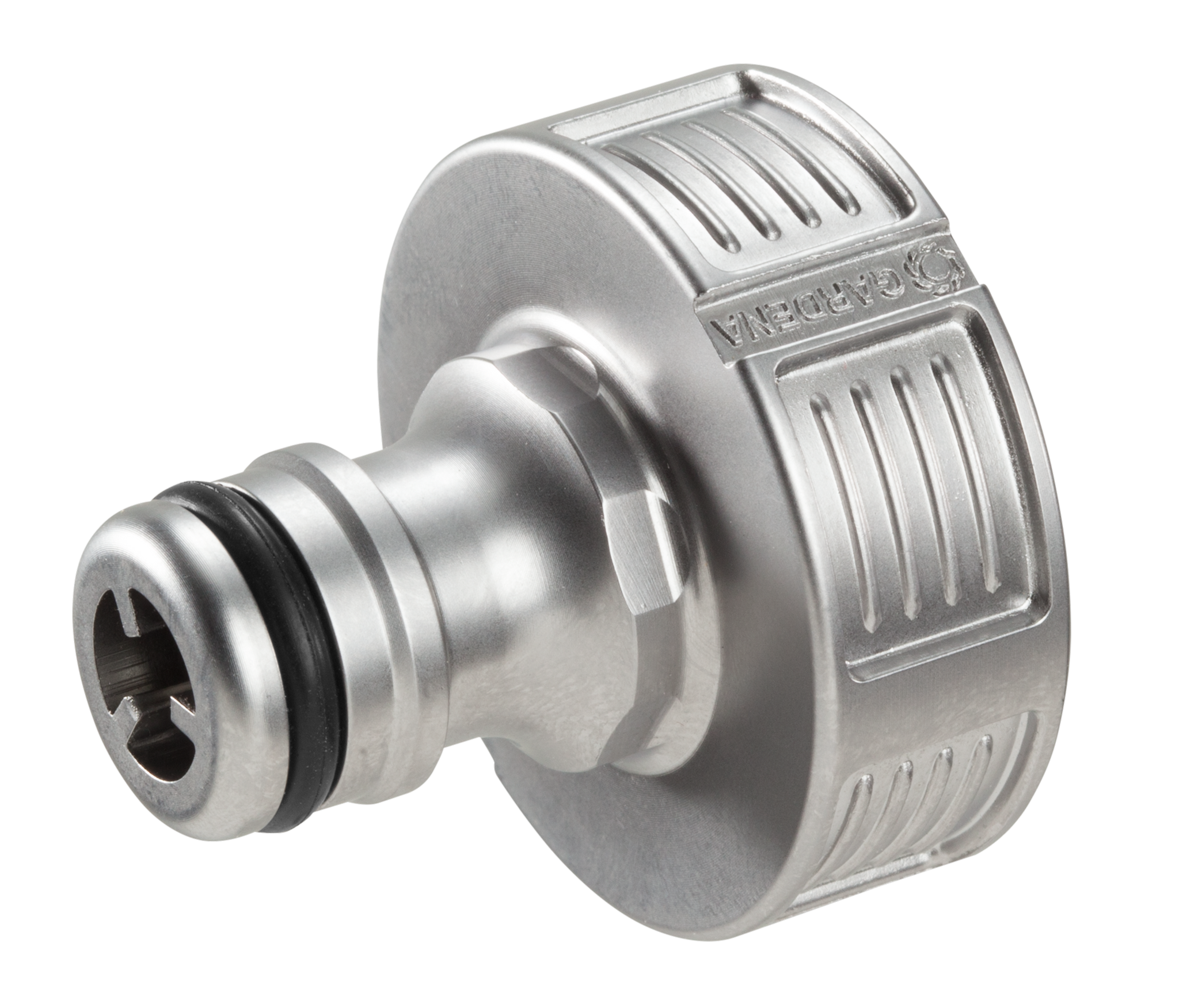 Front view of a Gardena hose connector fitting.