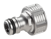 Front view of a Gardena hose connector with a metallic finish., miniatuur 1