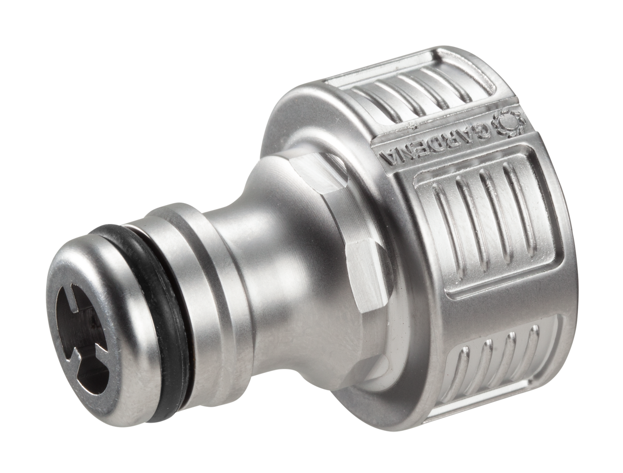 Front view of a Gardena hose connector with a metallic finish.