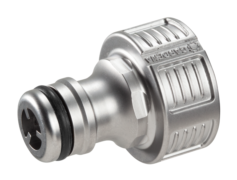 Front view of a Gardena hose connector with a metallic finish., PVC Hulpstuk bij Vijvercentrum