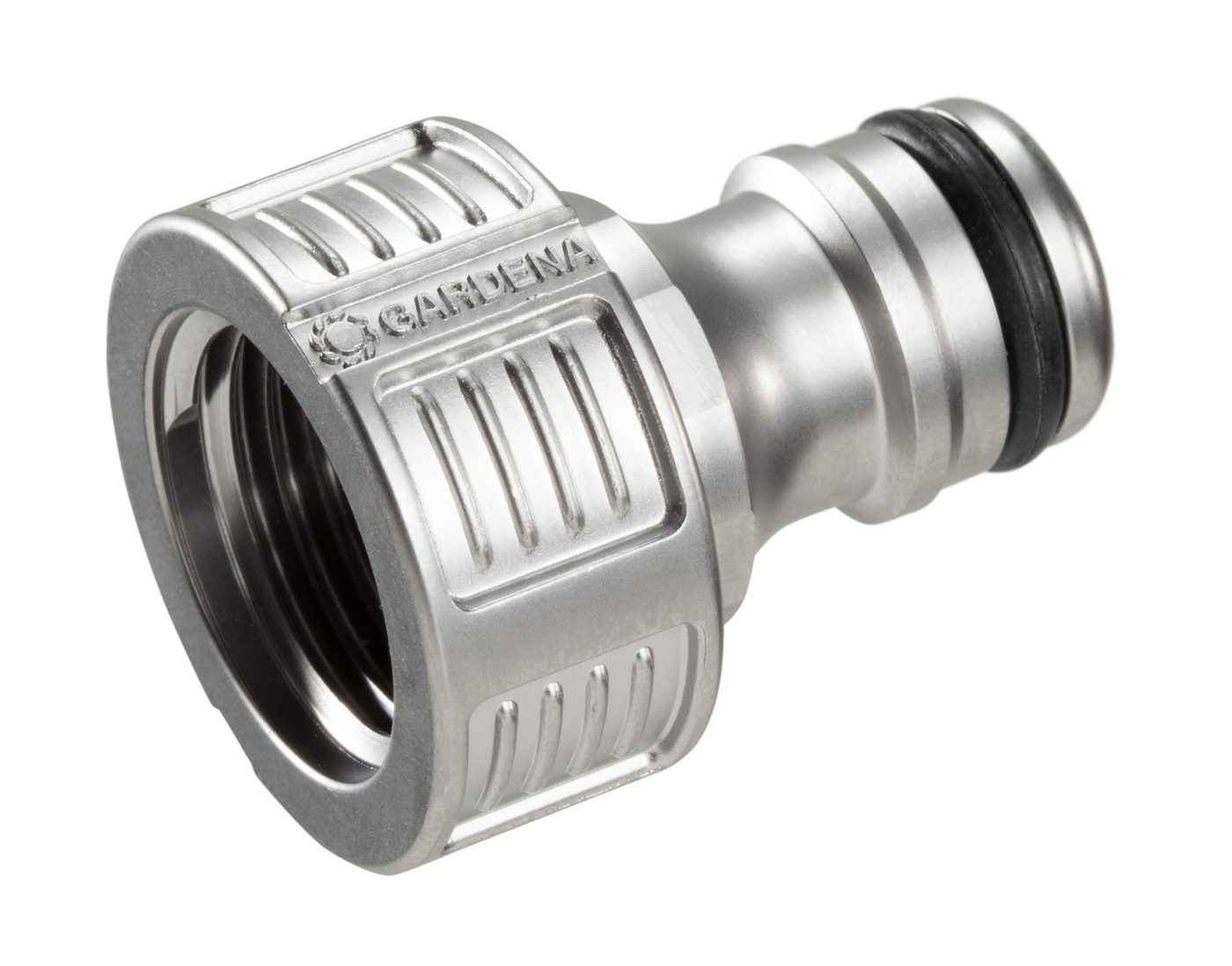 Front view of a Gardena hose connector with ribbed grip design.