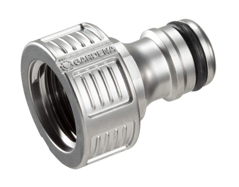 Front view of a Gardena hose connector with ribbed grip design., detailaanzicht PVC Hulpstuk