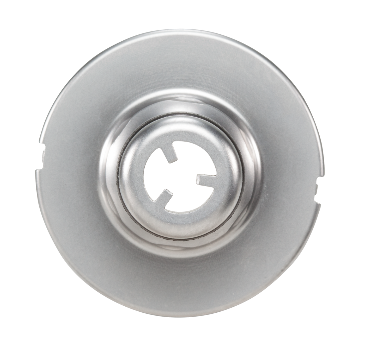 Top view of a metal component with a circular design and central opening.