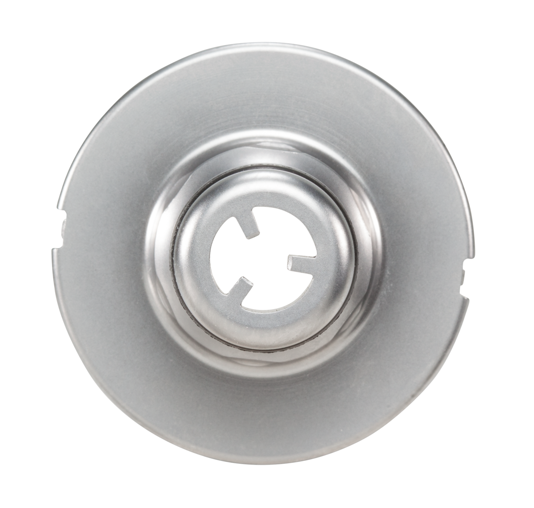 Top view of a metal component with a circular design and central opening.