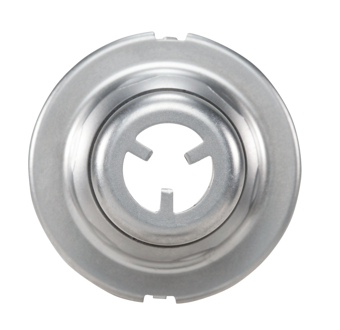 Top view of a metal component with a circular design and central opening.