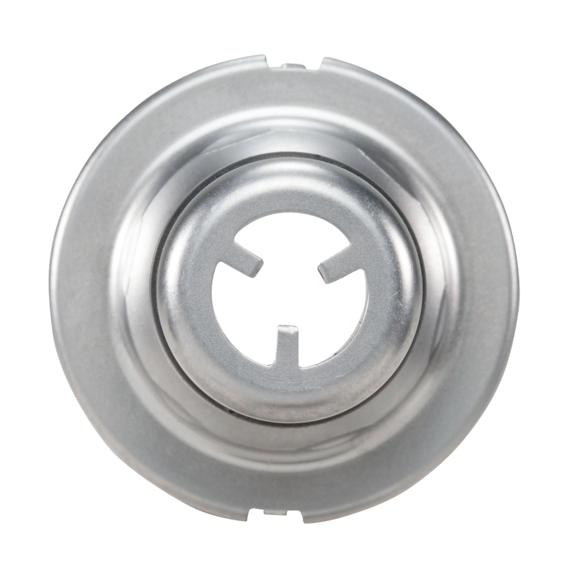Top view of a metal component with a circular design and central opening.