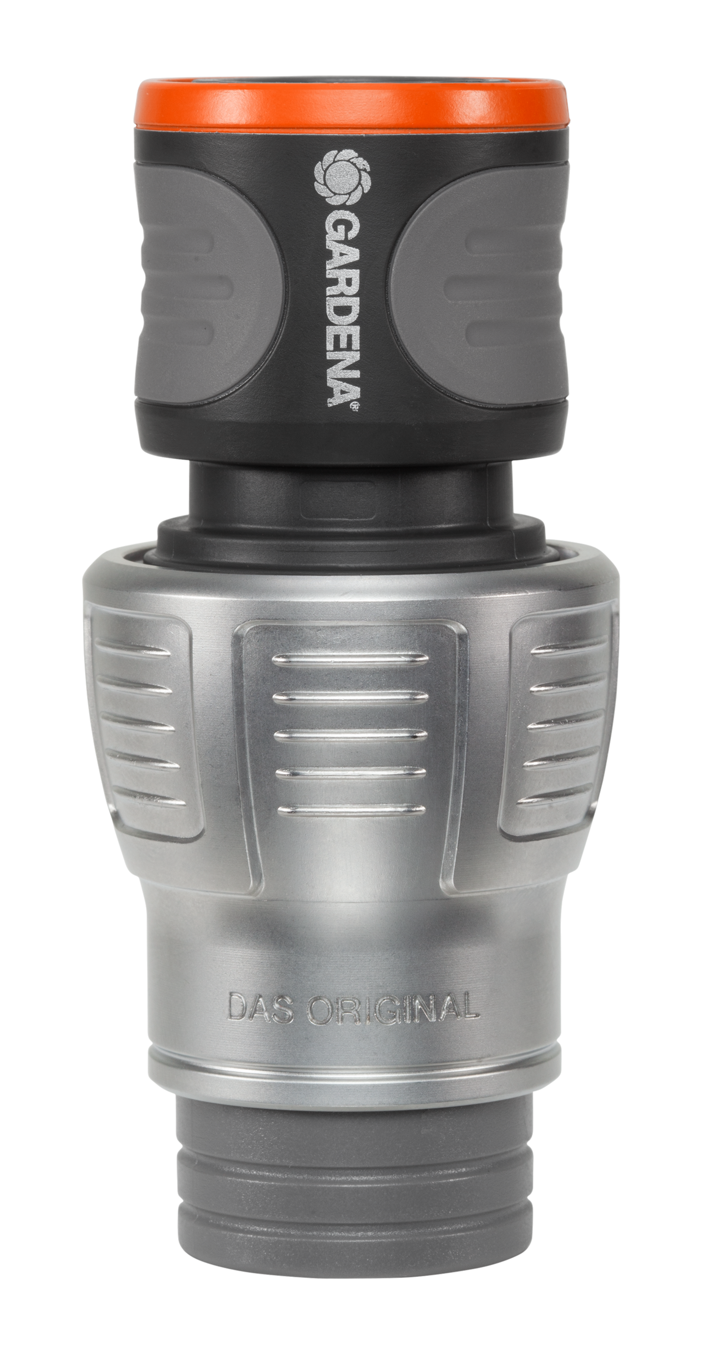 Front view of a Gardena hose connector with ergonomic design.