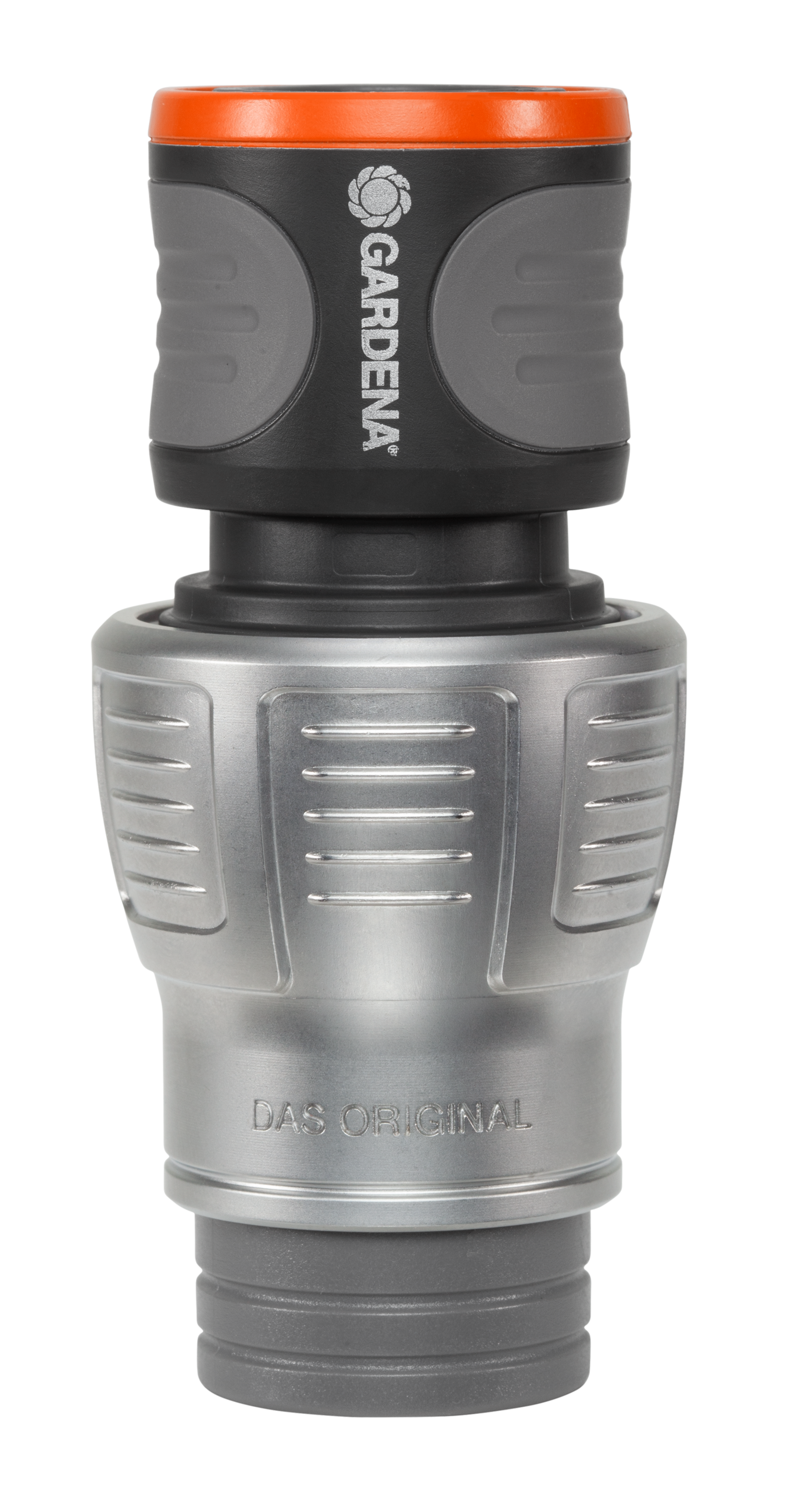 Front view of a Gardena hose connector with ergonomic design.