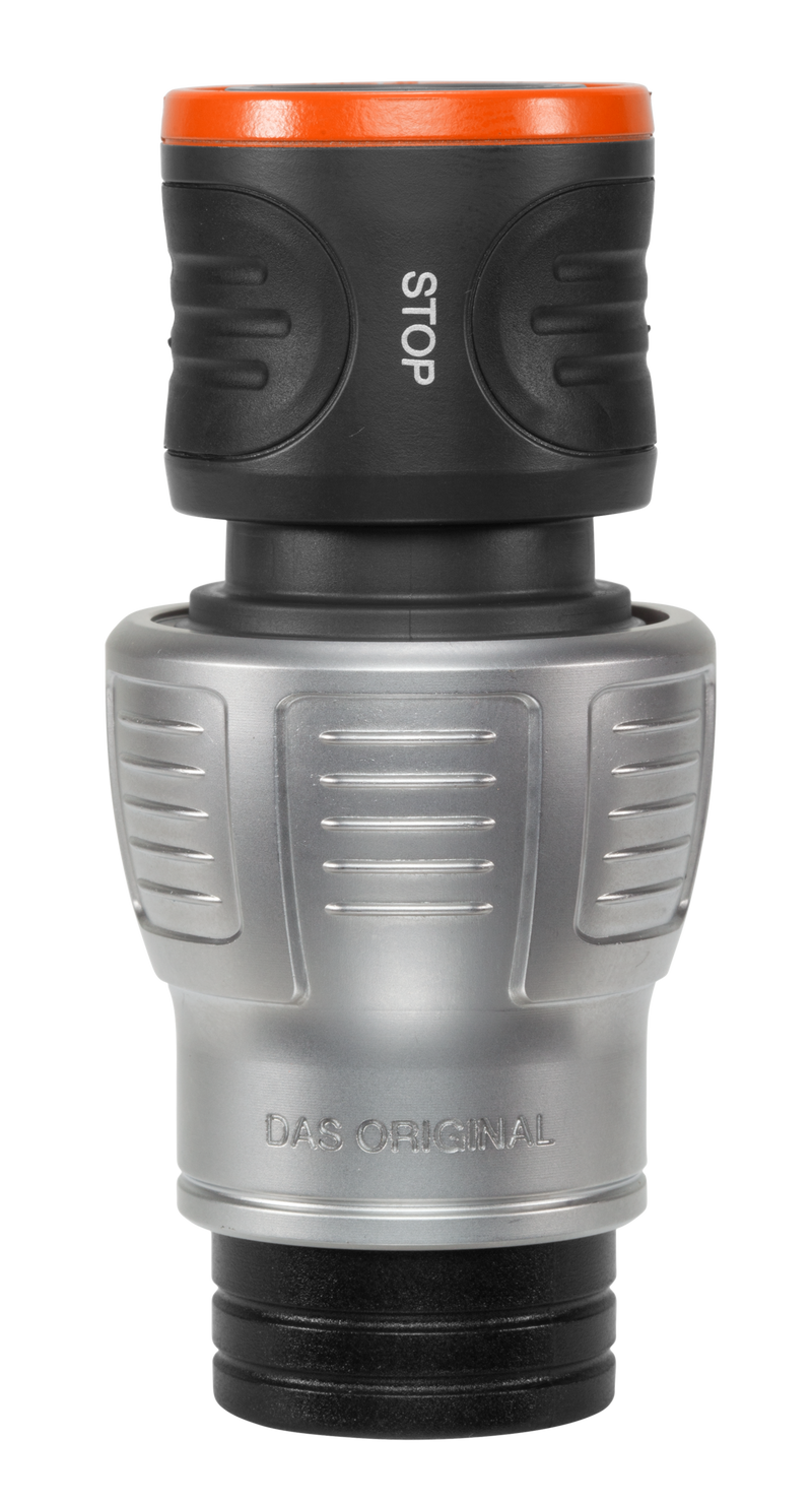 Front view of a Gardena hose connector with 'STOP' marking., detailaanzicht Tuinaccessoire
