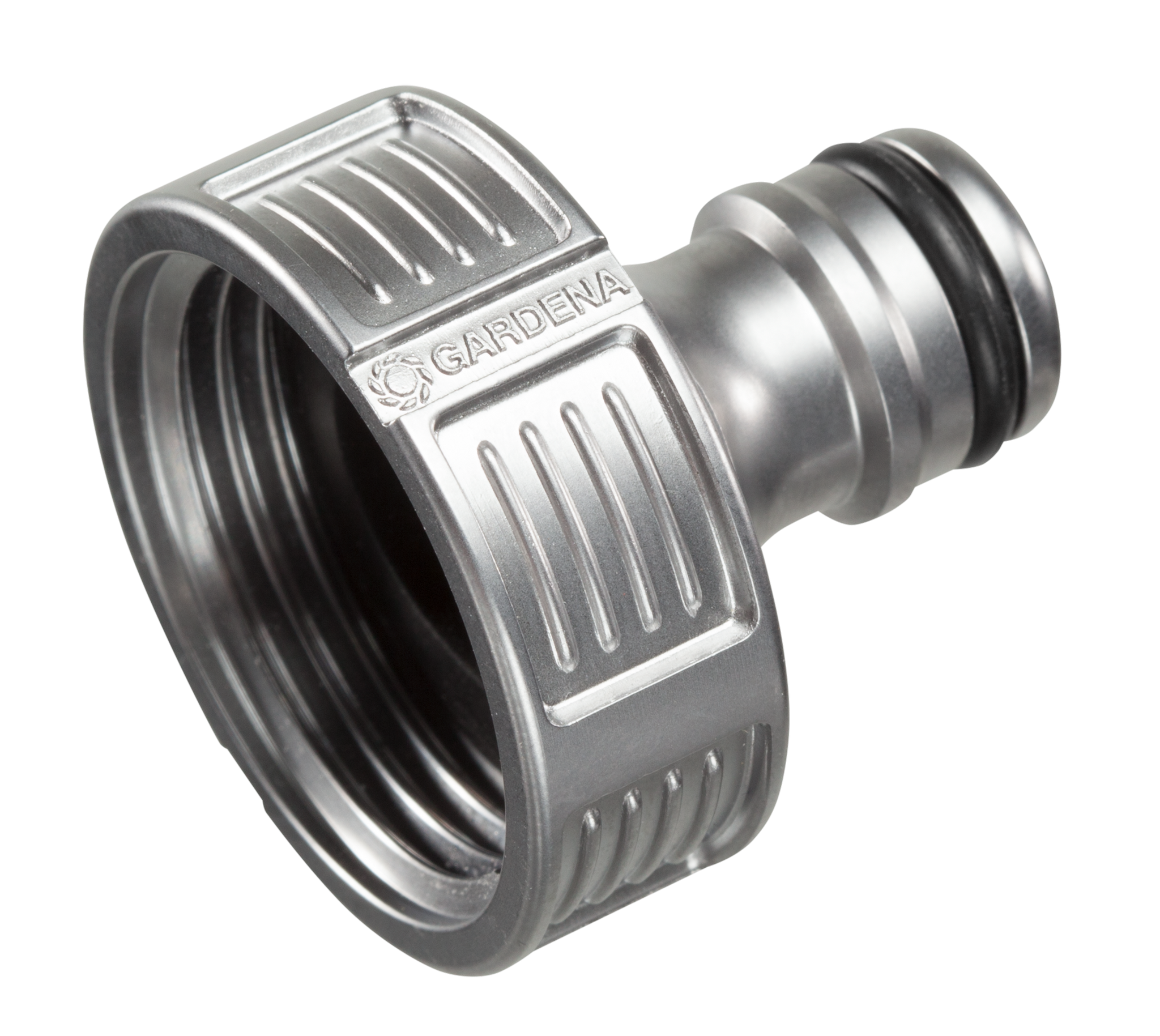 Front view of a Gardena hose connector with ribbed grip design.
